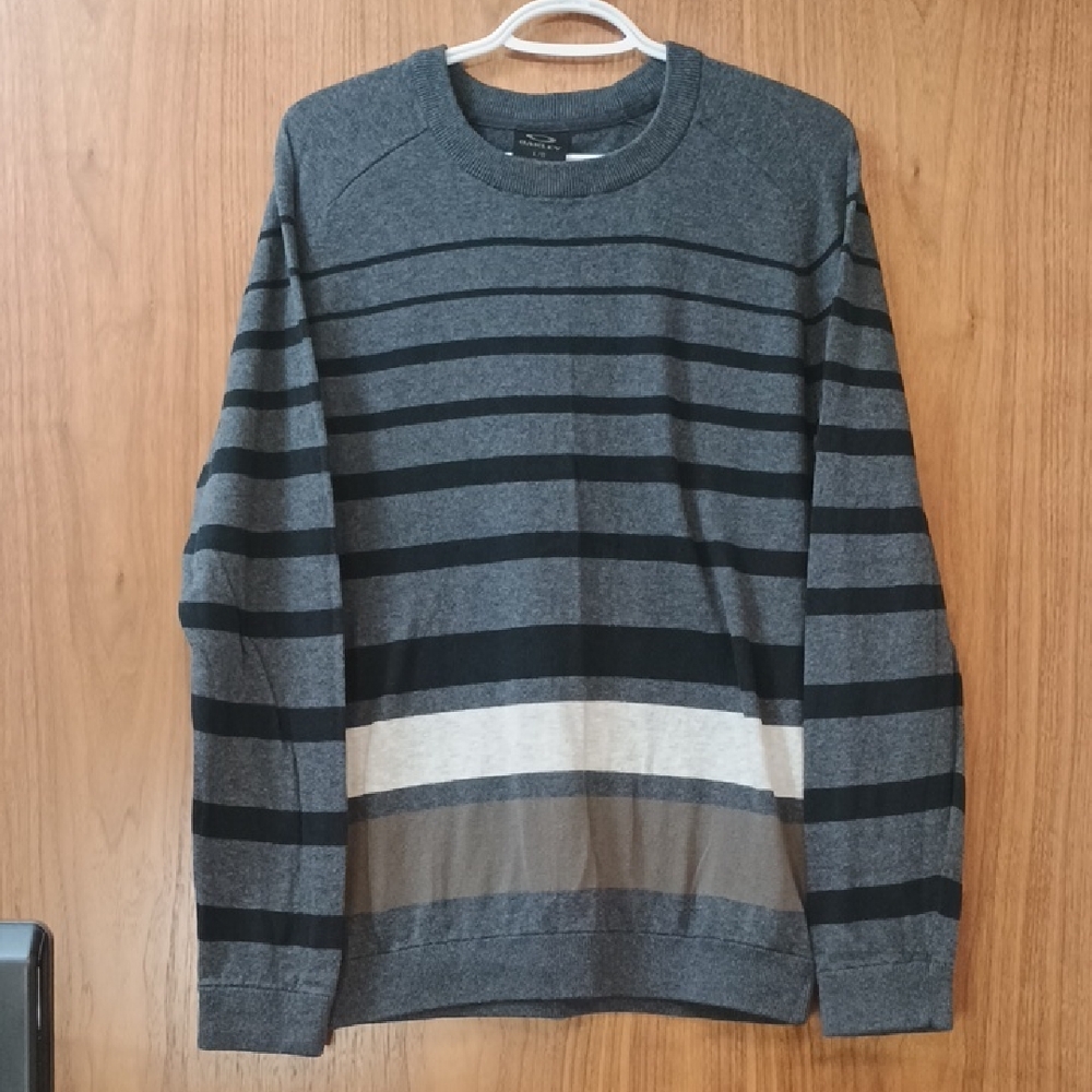Oakley Men's Striped Gray and Black Crewneck Sweater